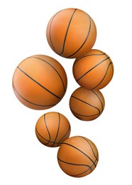 Many basketball balls falling on white background