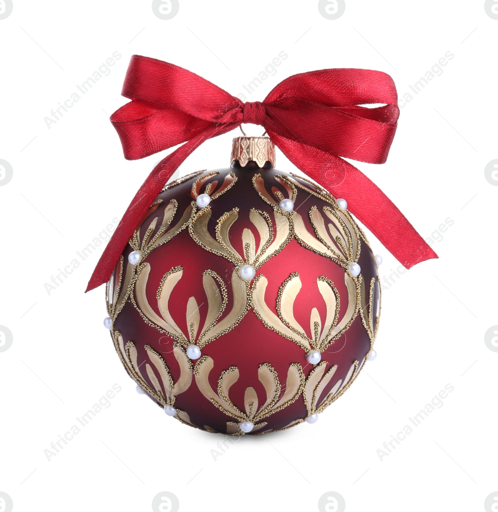 Photo of Beautiful red Christmas ball with ribbon isolated on white