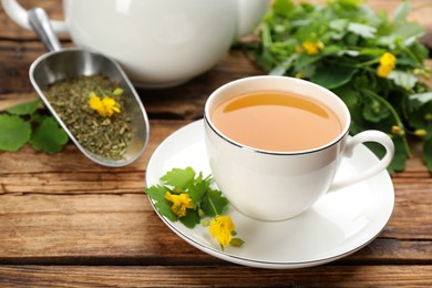 Photo of Cup of aromatic celandine tea and flowers on wooden table