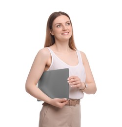 Beautiful businesswoman with laptop on white background