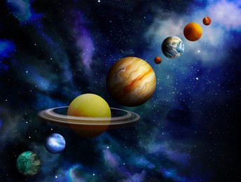 Illustration of Many different planets and stars in open space, illustration