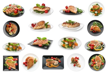 Image of Set of grilled chicken breasts on white background