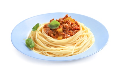 Photo of Plate with delicious pasta bolognese on white background