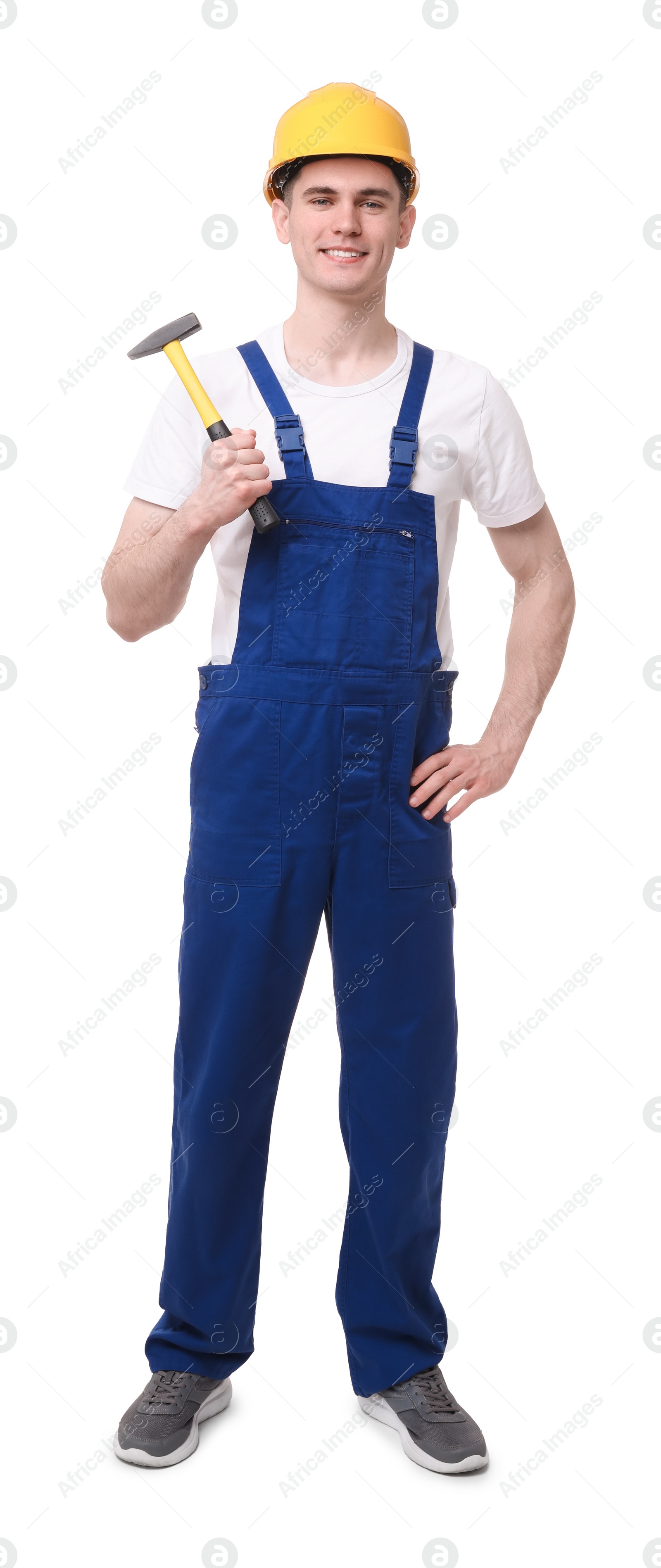 Photo of Professional repairman holding hammer on white background