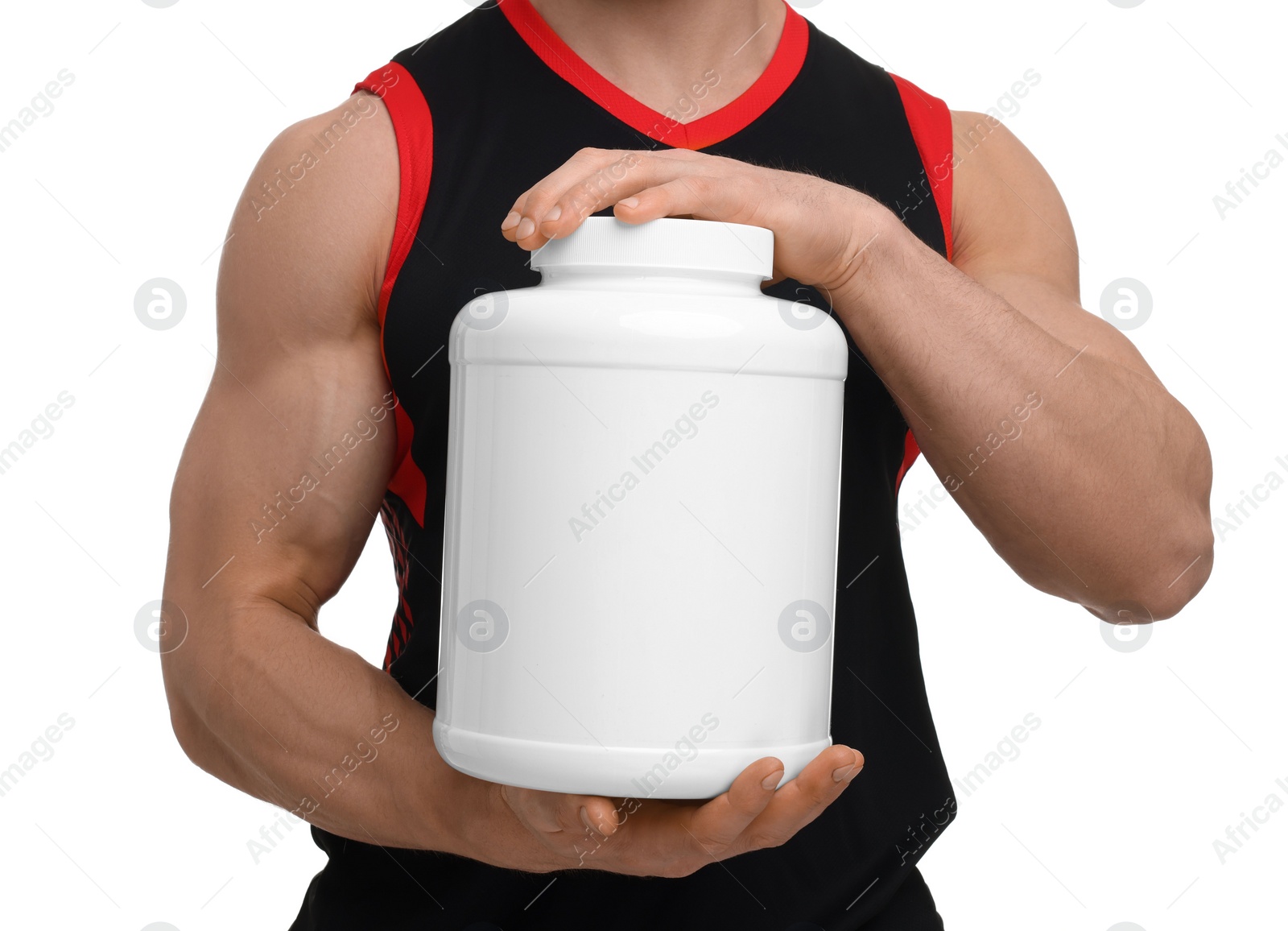 Photo of Young man with muscular body holding jar of protein powder on white background, closeup