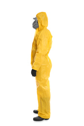 Man wearing chemical protective suit on white background. Virus research