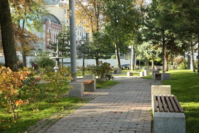 View of quiet city street with pathway on sunny day