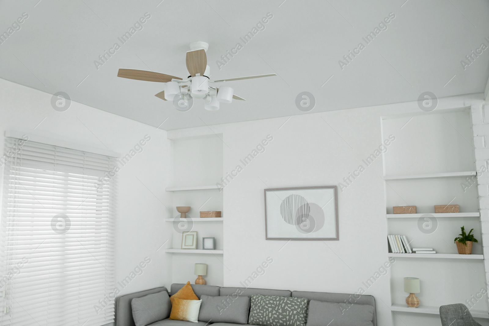 Photo of Ceiling fan, furniture and accessories in stylish living room