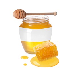 Image of Sweet honey in glass jar with blank label, wooden honey dipper and piece of honeycomb on white background. Mockup for design