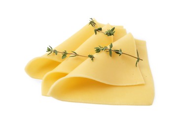 Slices of tasty fresh cheese and thyme isolated on white