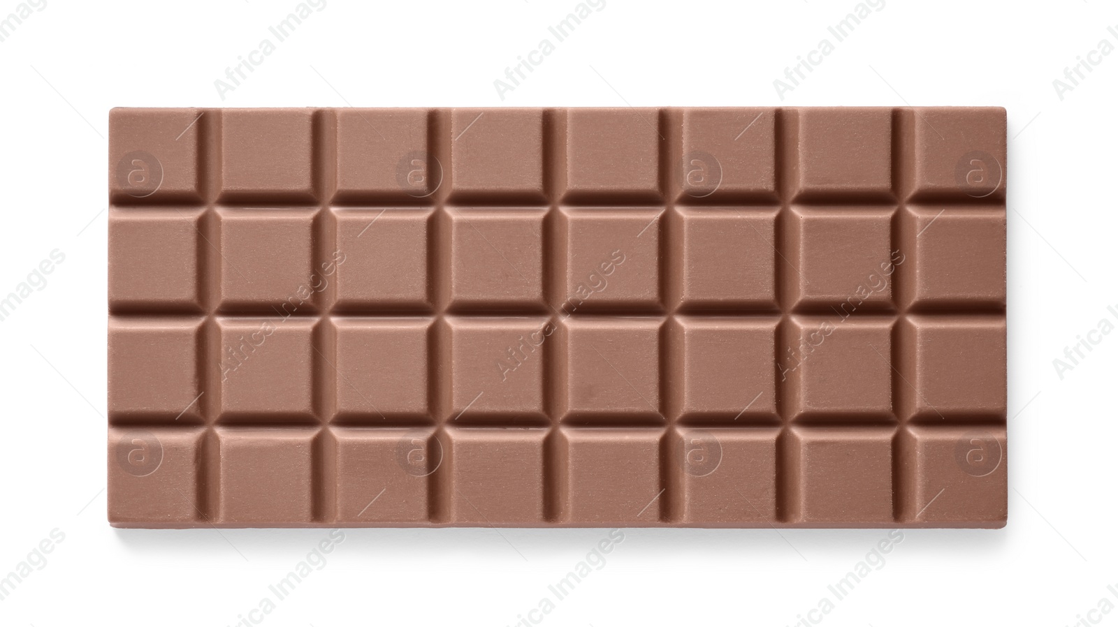 Photo of Delicious milk chocolate bar isolated on white, top view