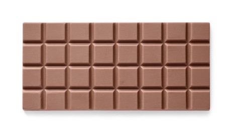 Delicious milk chocolate bar isolated on white, top view