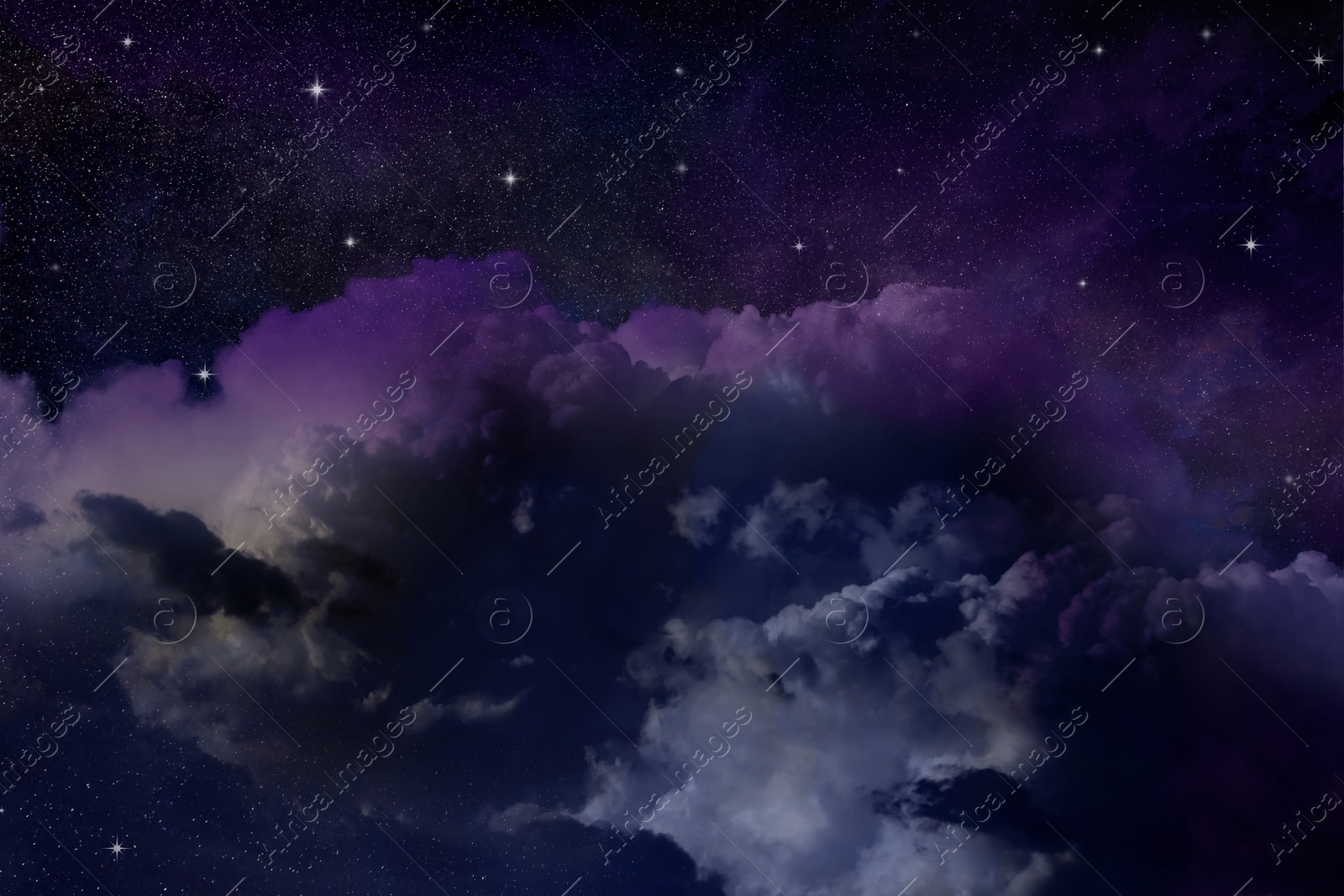 Image of Beautiful view of night sky with clouds and stars