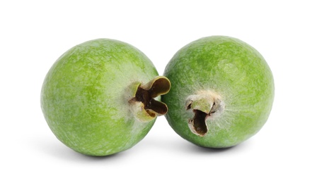 Photo of Fresh ripe feijoa fruits on white background