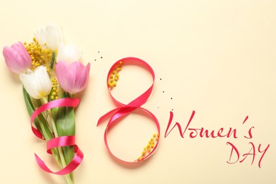 Image of 8 March - Happy International Women's Day. Greeting card design with bouquet of pink flowers and ribbon on beige background, top view