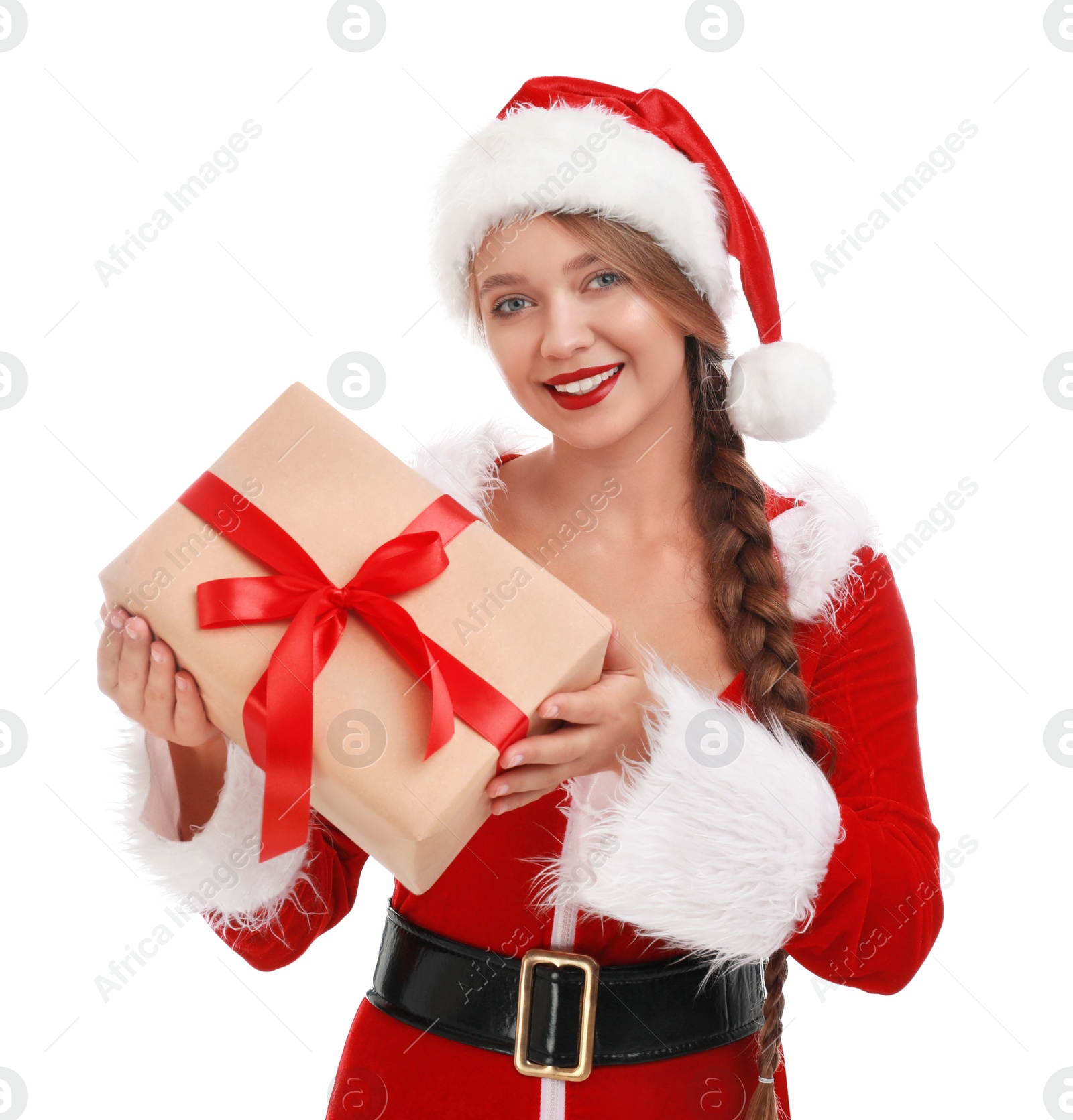 Photo of Beautiful Santa girl with Christmas gift on white background
