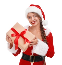 Beautiful Santa girl with Christmas gift on white background