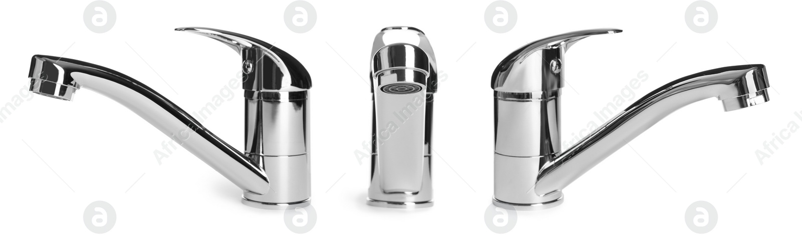 Image of Set with new water faucets on white background. Banner design