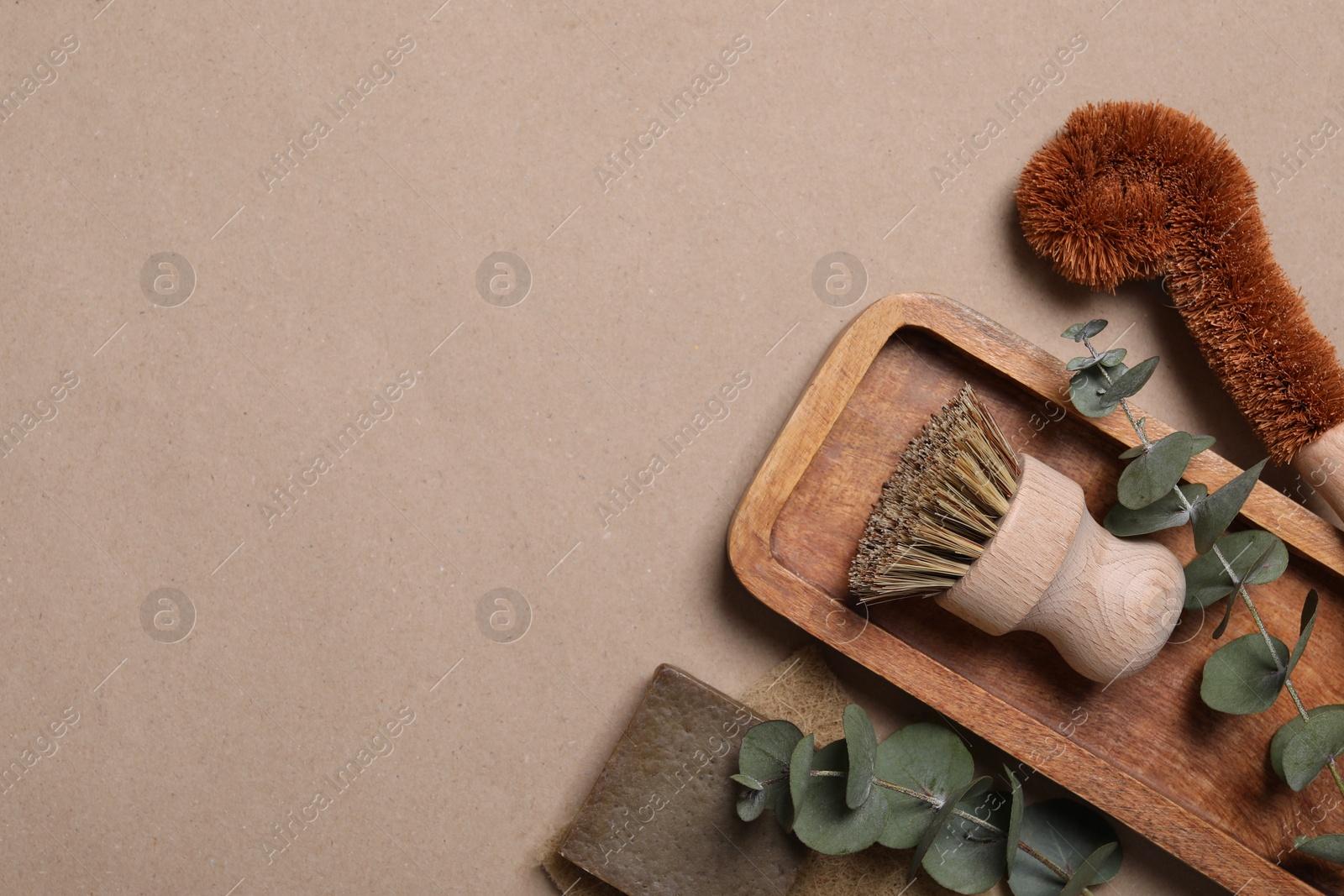 Photo of Cleaning brushes, soap bar, sponge and eucalyptus leaves on pale brown background, top view. Space for text