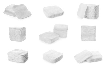 Image of Set with stacks of cotton pads on white background