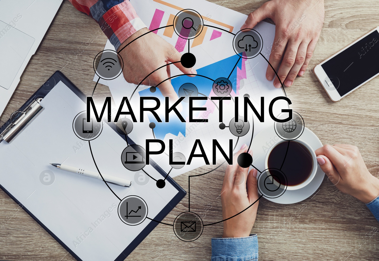 Image of Digital marketing plan. People working at table in office, top view