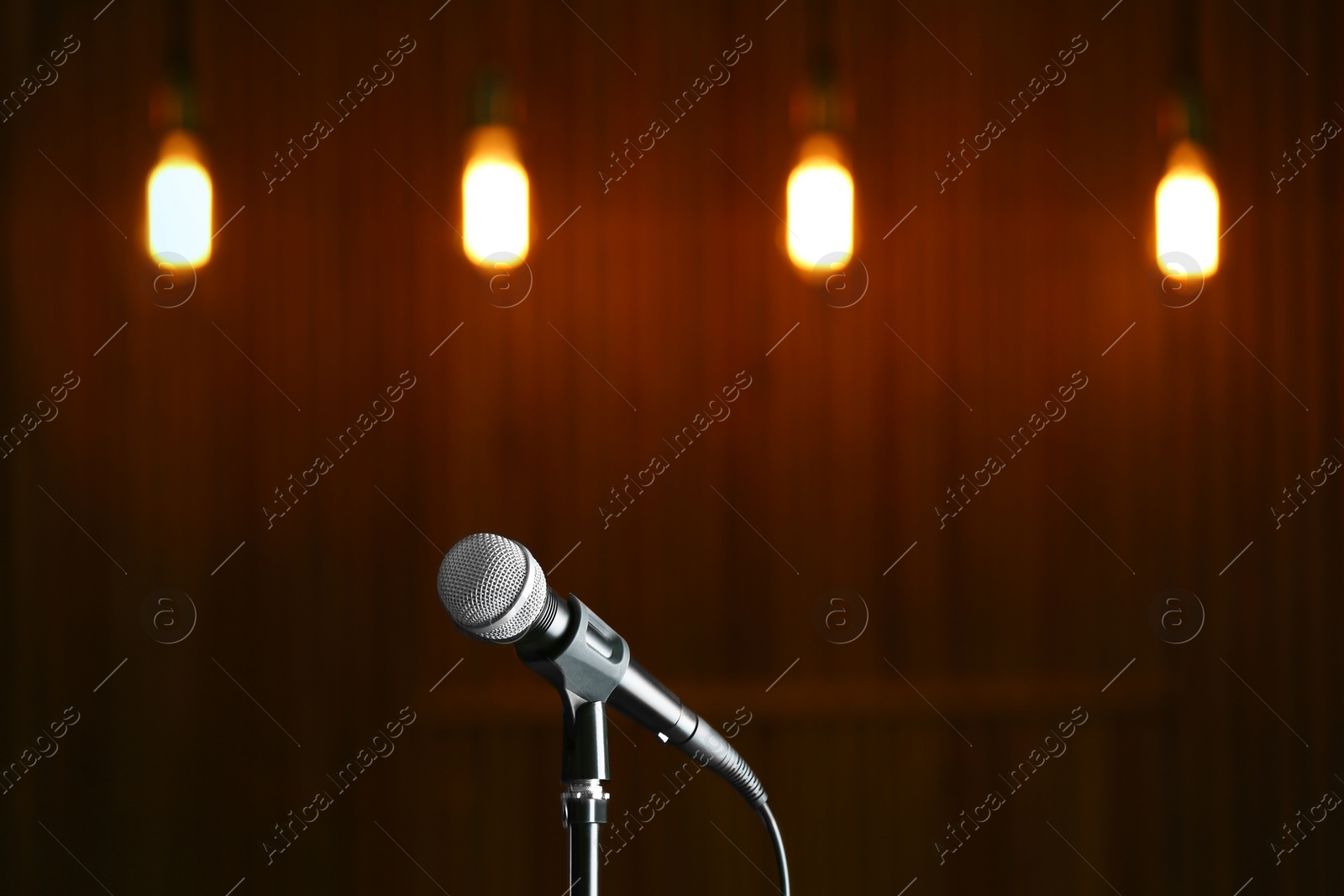 Photo of Microphone against festive lights, space for text