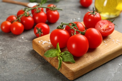 Photo of Fresh ripe cherry tomatoes, salt and basil on grey table