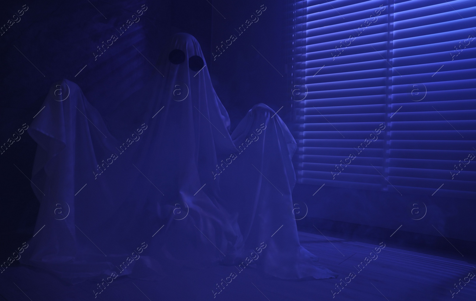 Photo of Creepy ghost. Woman covered with sheet near window in blue light, space for text