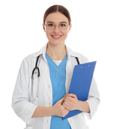 Photo of Portrait of doctor with clipboard on white background