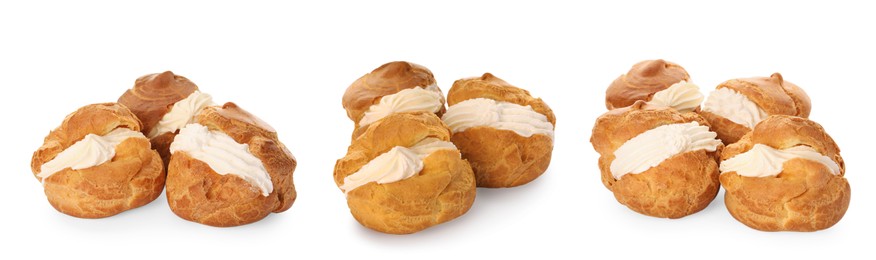 Image of Delicious profiteroles with whipped cream filling on white background, collage design