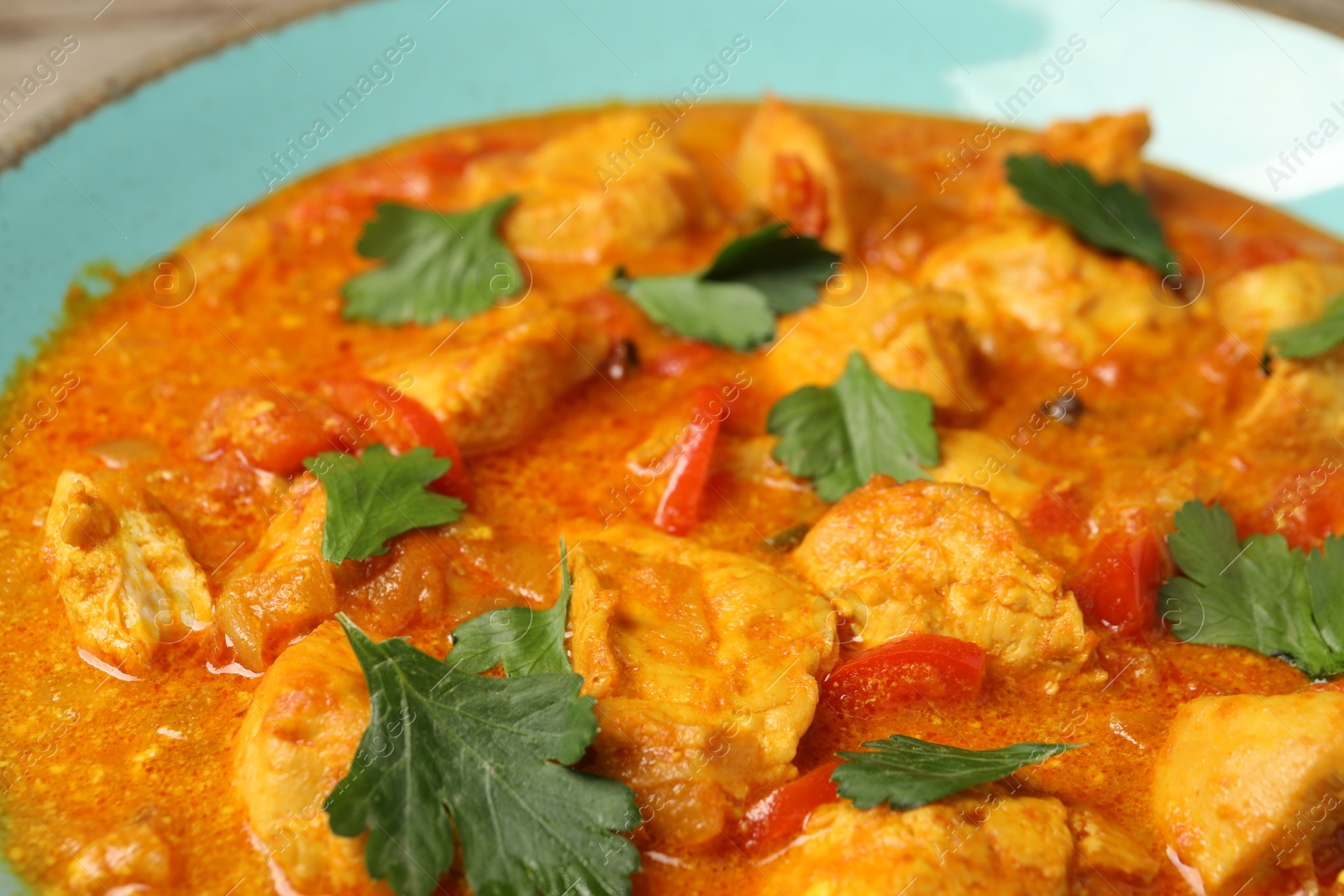 Photo of Delicious chicken curry with parsley in plate, closeup