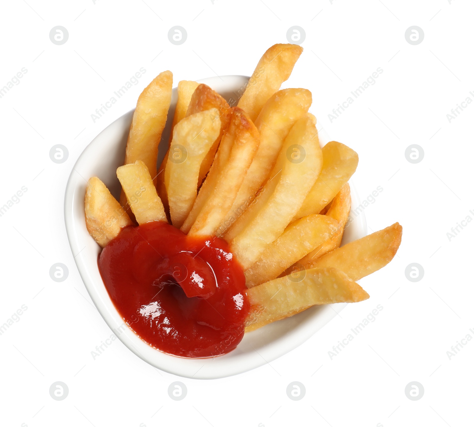 Photo of Bowl of delicious french fries with ketchup on white background, top view