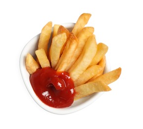 Bowl of delicious french fries with ketchup on white background, top view