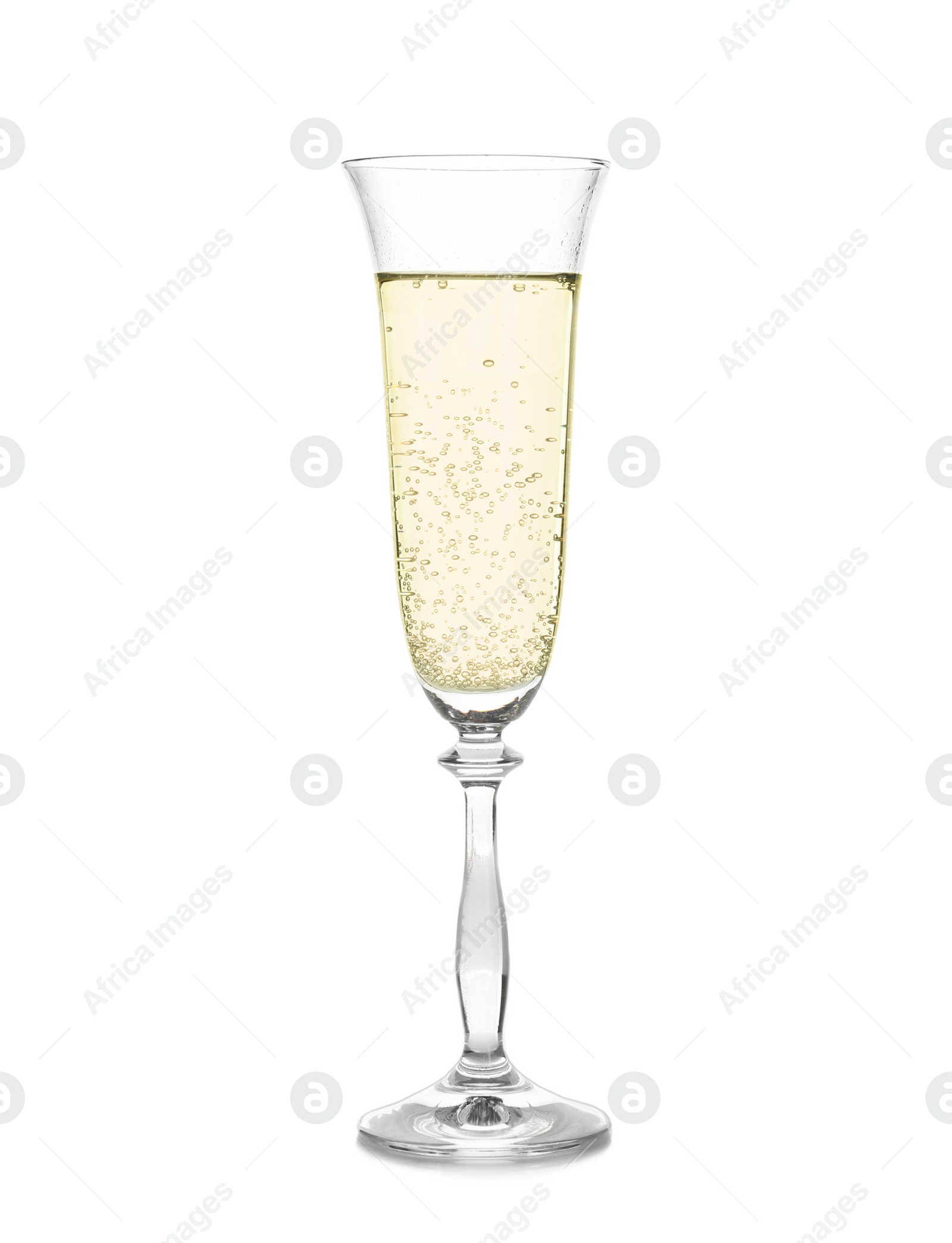 Photo of Glass of champagne on white background. Festive drink