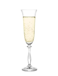 Photo of Glass of champagne on white background. Festive drink