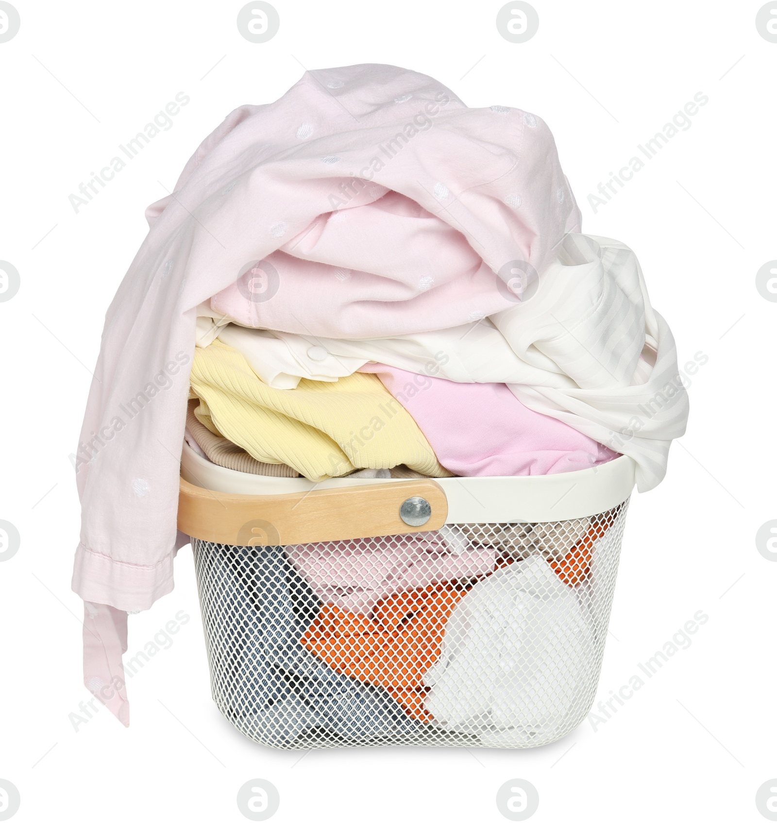 Photo of Laundry basket with clean colorful clothes isolated on white