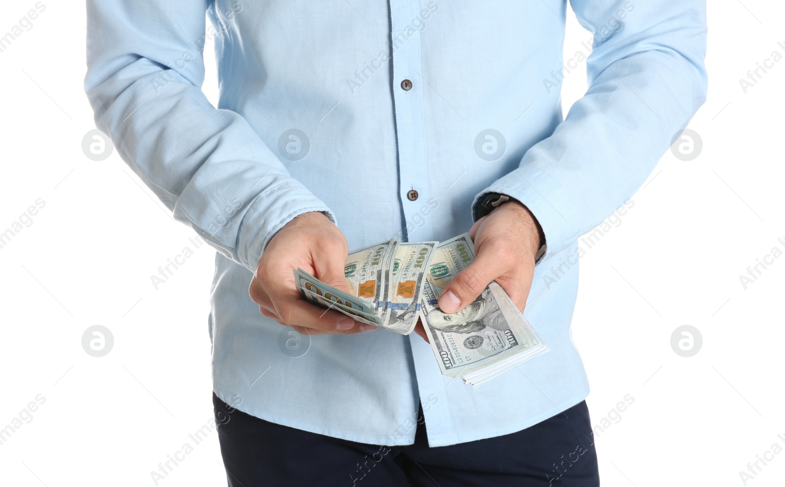 Photo of Man with bribe money on white background, closeup
