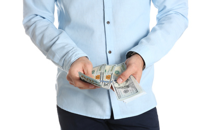 Man with bribe money on white background, closeup
