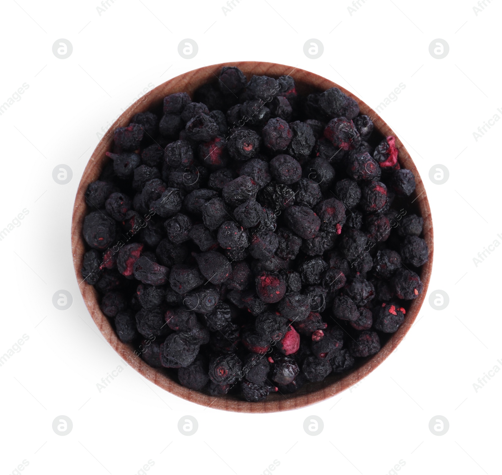 Photo of Freeze dried blueberries in bowl on white background, top view