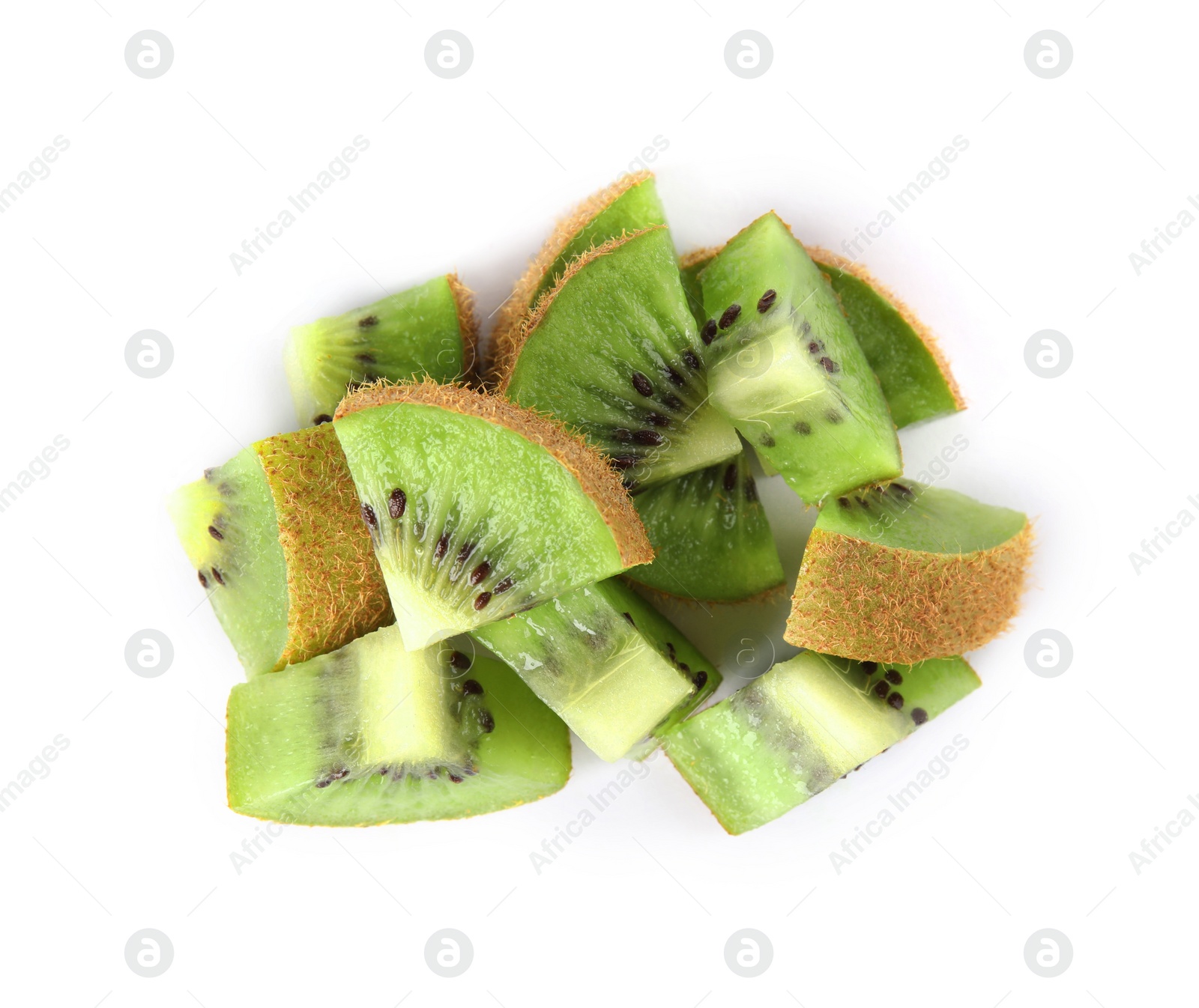 Photo of Cut fresh ripe kiwis on white background, top view