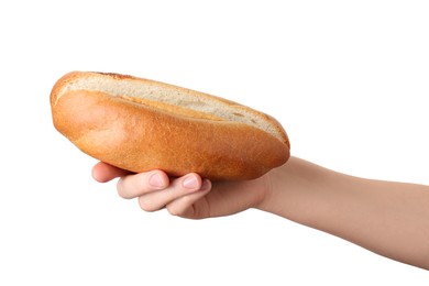 Woman with fresh hot dog bun on white background, closeup