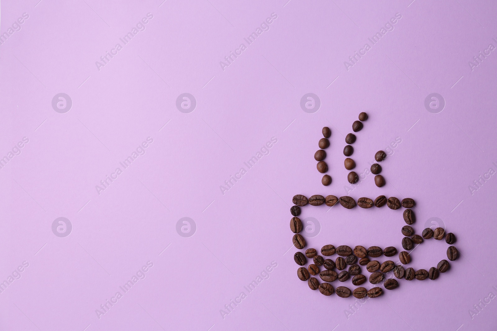 Photo of Cup made of coffee beans on lilac background, flat lay. Space for text