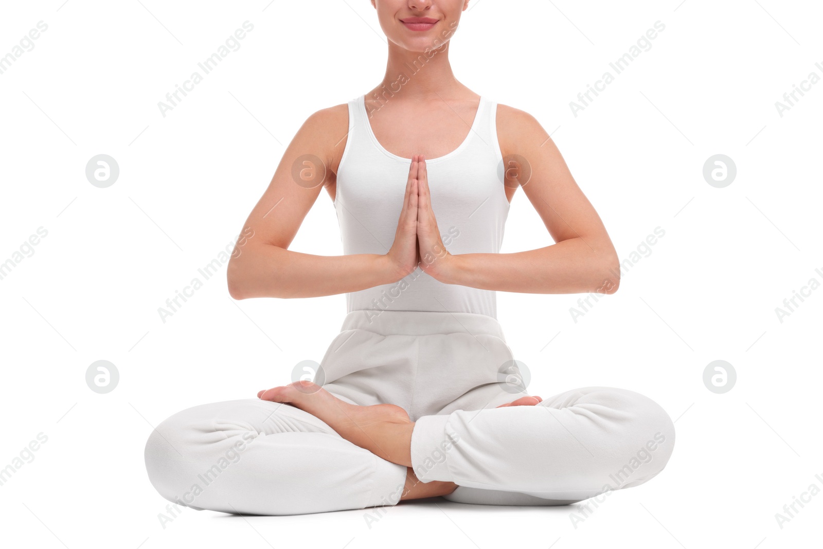 Photo of Woman practicing yoga on white background, closeup. Lotus pose