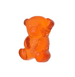 Photo of Delicious orange gummy bear candy isolated on white