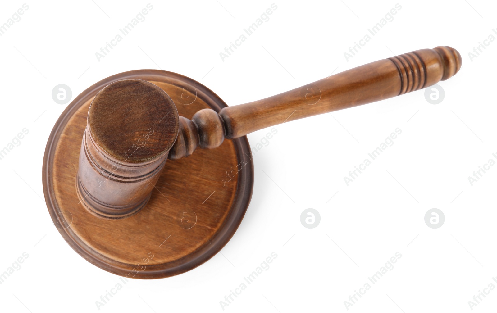 Photo of Wooden gavel isolated on white, top view. Small mallet