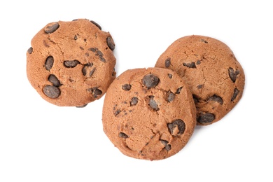 Photo of Tasty cookies with chocolate chips on white background, top view