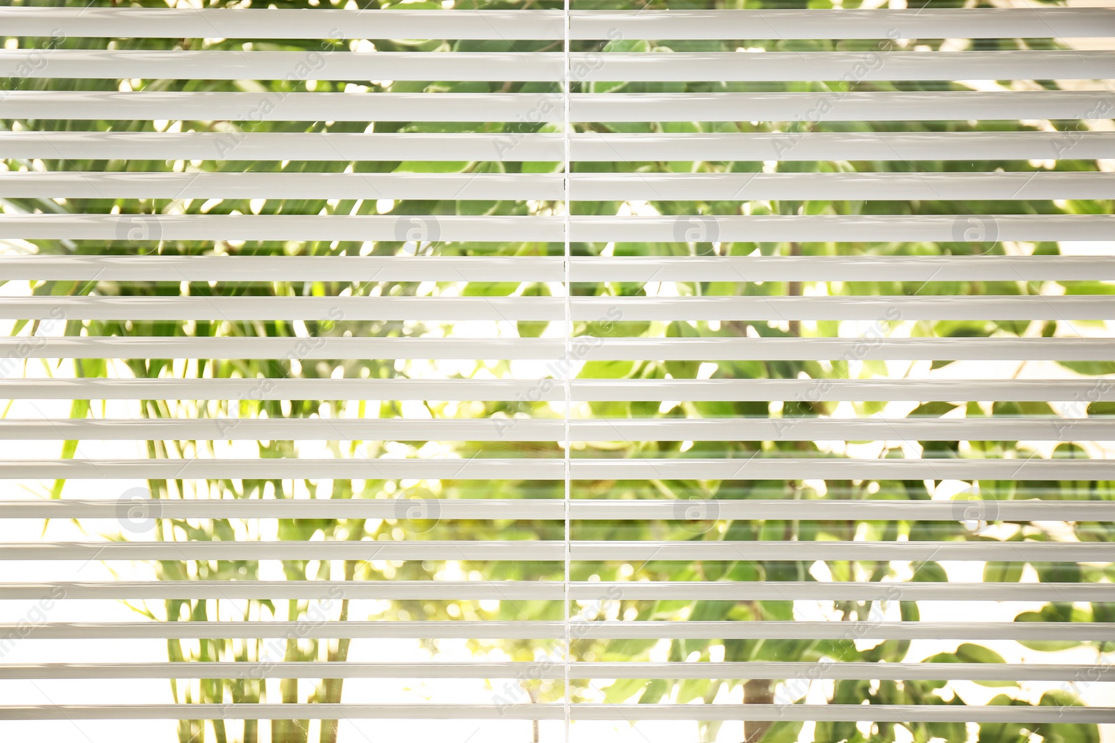 Photo of Open white horizontal window blinds, closeup view