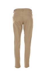 Photo of Stylish trousers on mannequin against white background, back view. Men's clothes