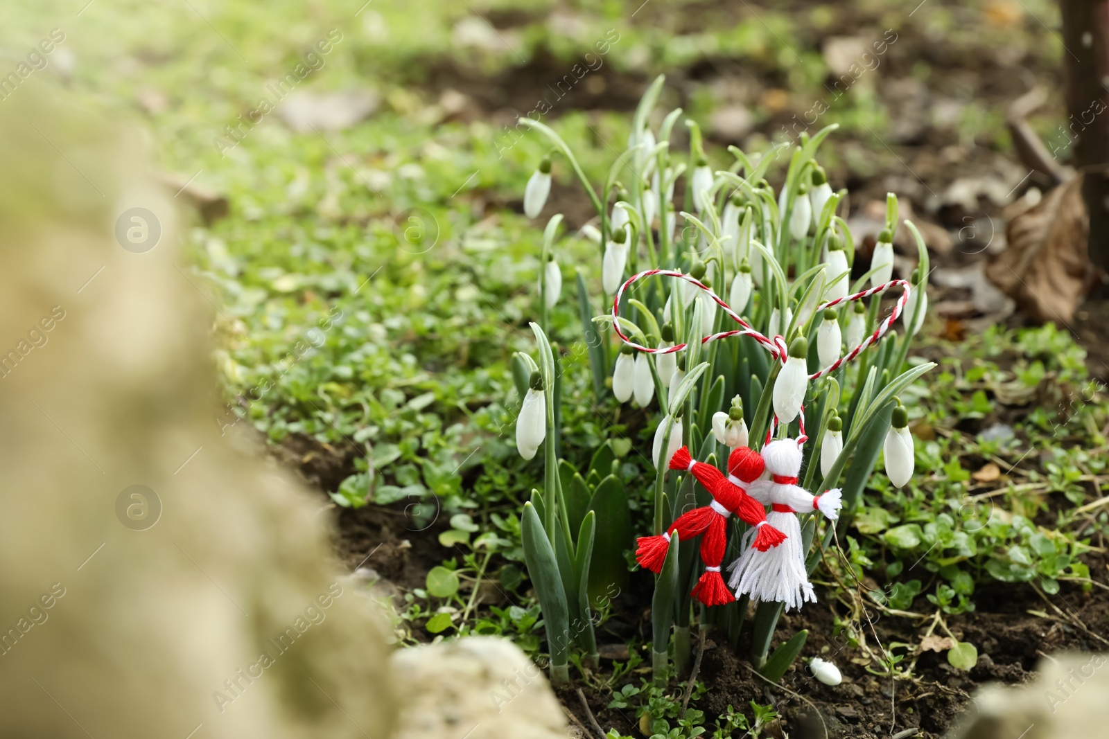 Photo of Traditional martisor and beautiful snowdrops outdoors. Symbol of first spring day