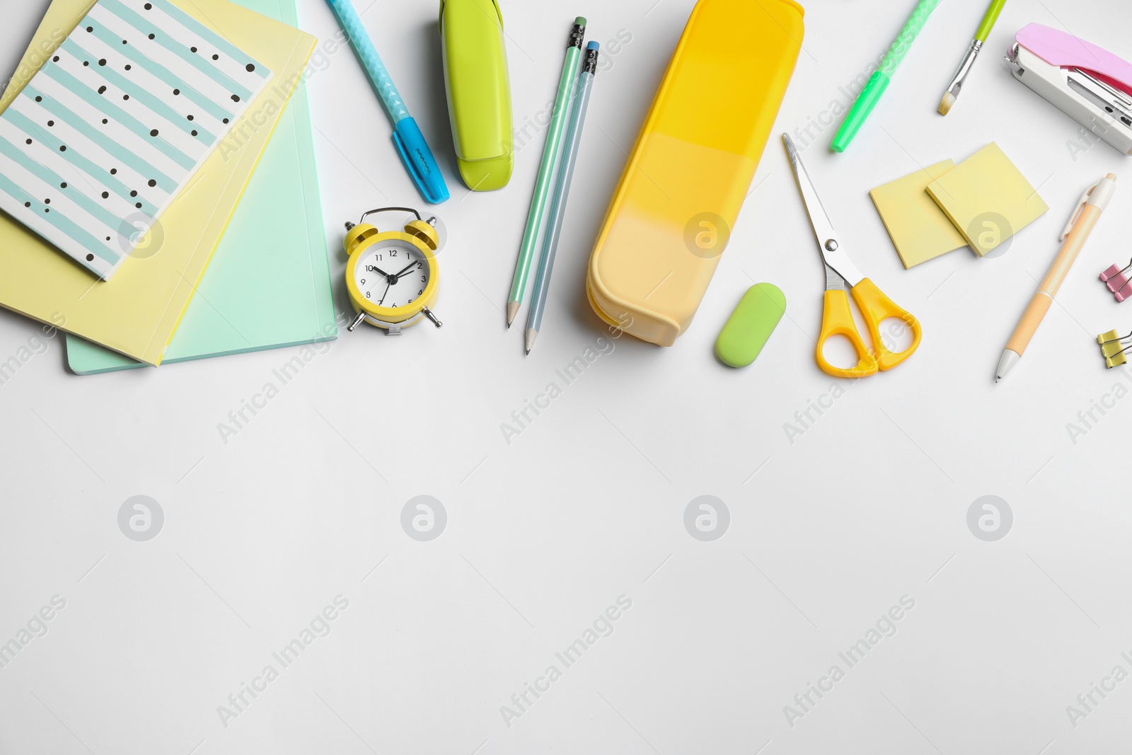 Photo of School stationery on white background, flat lay with space for text. Back to school